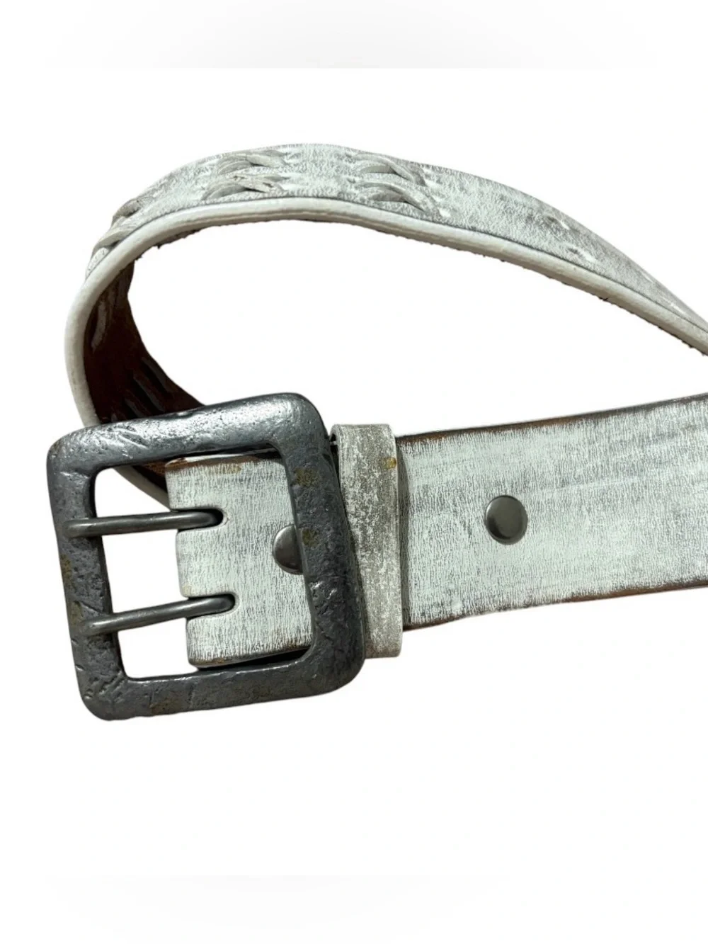 Leather island  White Distressed Leather Belt with Double-Prong Buckle